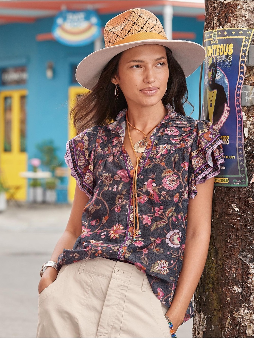 Sundance Marceline Floral Top Birds Flowers Ruffle Sleeve Bohemian Size Small